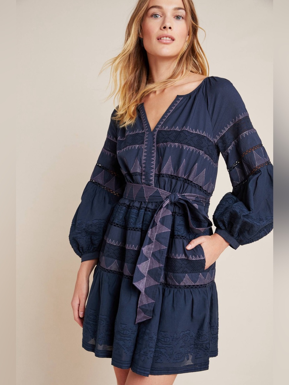 Anthropologie Skye Navy Purple Geometric Embroidery Tie-Waist Mini‎ Dress XS